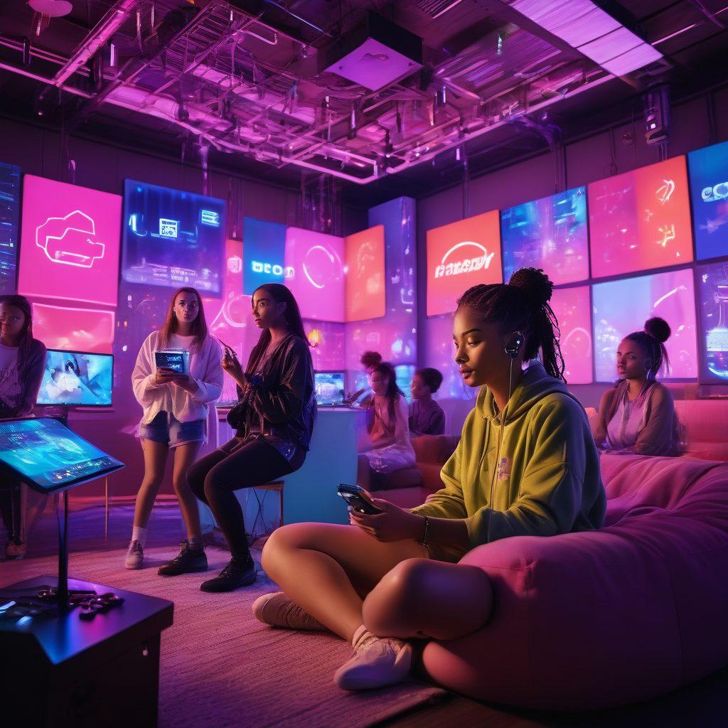 A vibrant scene depicting a diverse group of young women streaming content live, surrounded by glowing screens with playful graphics. Include elements of popular culture, like music notes, game controllers, and chat bubbles, to express interaction with their audience. The environment is a cozy, stylish room filled with colorful LED lights and streaming equipment. Emphasize passion and connection in their expressions, capturing the essence of modern entertainment. cyberpunk. vibrant colors. 3D.
