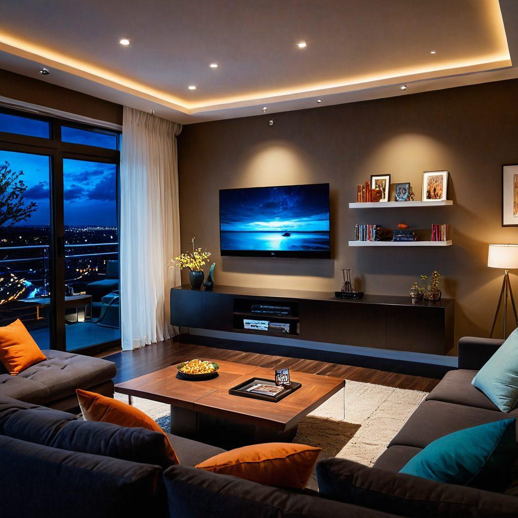 A vibrant, dynamic scene showcasing a modern living room filled with colorful electronic cables intertwining, symbolizing the allure of interactive cable entertainment. Include a large flat-screen TV displaying an engaging streaming interface with diverse content genres, a cozy sofa with popcorn scattered around, and ambient lighting to create an inviting atmosphere. Emphasize the energy and excitement of interactive viewing experiences. super-realistic. vibrant colors. 3D.